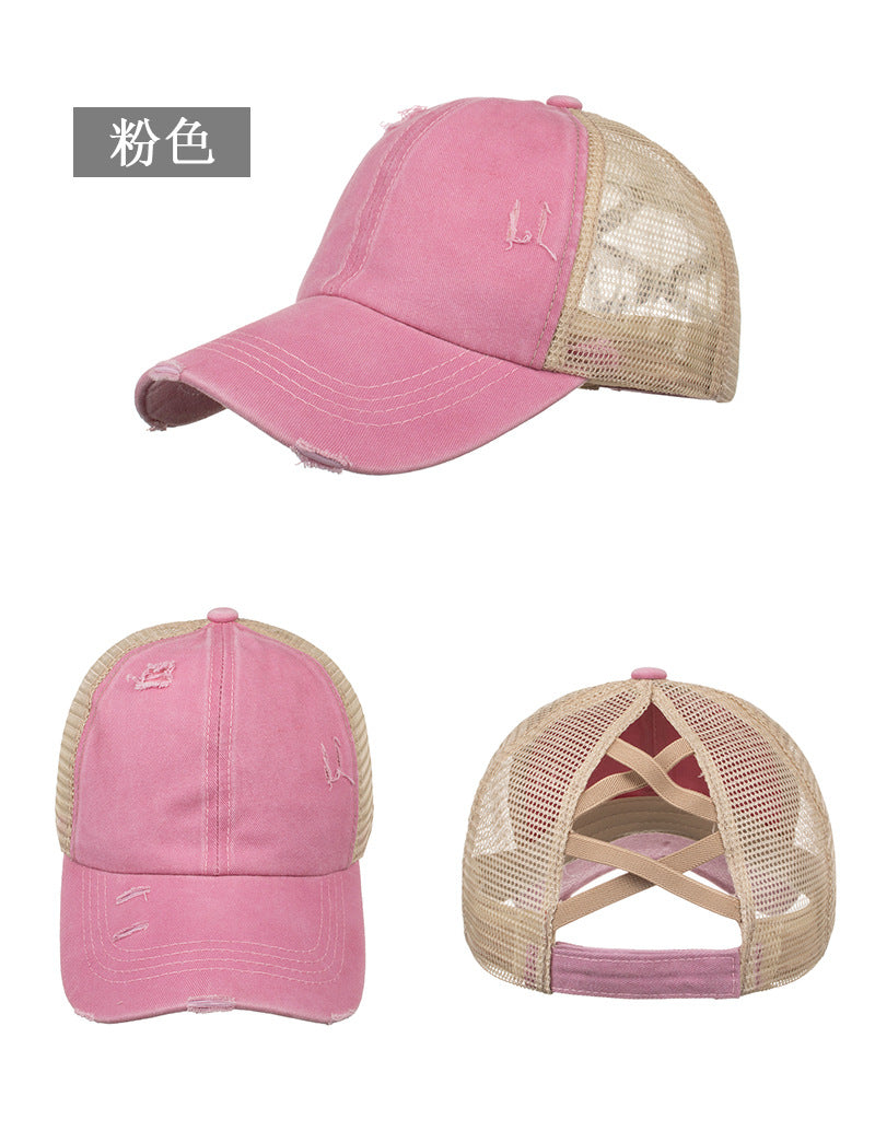 Wholesale Washed old light version cross elastic ponytail baseball net cap baseball cap cap Sun cap B719